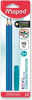 A package of two Maped Kidy Learn Concentration HB #2 pencils with a teal grip tip.