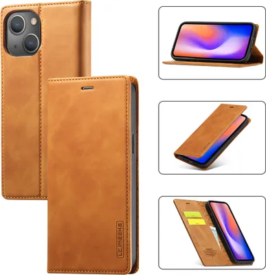 Immagine prodotto di custodia in pelle per iPhone 14 con funzione stand e portacarte, custodia con design a portafoglio per iPhone 14 Brown
