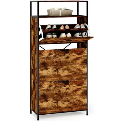 Image de Armoire à chaussures BEALIFE FS62 60 x 30 x 130 cm | 3 étagères basculantes et un compartiment supérieur ouvert | Avec dispositif anti-basculement pour le couloir | Noir/marron rétro