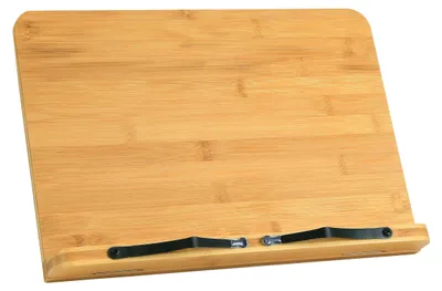 Produktbild von QUVIO Kochbuchständer - Buchständer - Tablet-Ständer - Dokumentenhalter - Buchständer - Leseständer - Ipad-Ständer - Buchhalter - Verstellbar - Mit Zeigern - Klappbar - Bambus - Hellbraun - 33,5 x 23,5 cm