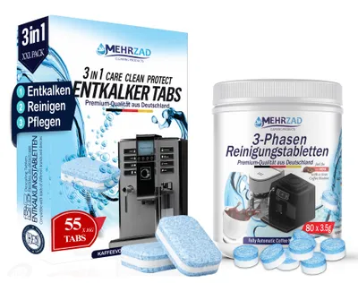 Produktbild von Pflegeset für Kaffeevollautomaten & Kaffeemaschinen 3-Phasen Reinigungstabletten 80 Stück a 3,5g & Entkalkungstabletten 55 x 16g
