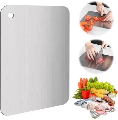 Image de Ibenzoa® : planche à découper en acier inoxydable, épaisse, réversible, de 30 x 19 cm, avec poignée et système de suspension