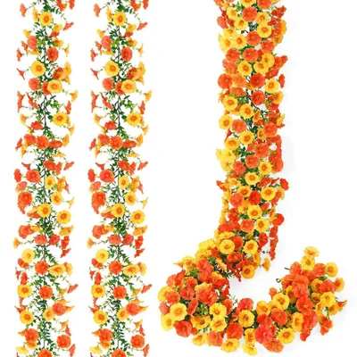 Image de Guirlande de fleurs artificielles, 2 pièces, 1,8 mètre, orange et jaune, fleurs en soie, décoration d'automne