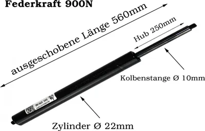 Produktbild von Universal Gasdruckfeder Gasdruckdämpfer Gasfeder mit Gewinde schwarz LÄNGE-560mm HUB-250mm KRAFT-900N
