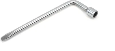 A chrome-plated L-shaped wrench with a flathead screwdriver tip on one end and a socket on the other.