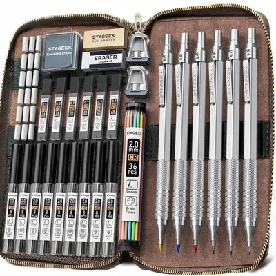 Produktbild von Druckbleistifte Set 6 Stück mit Ledertasche, 0,5-2,0mm Minen, Metall, 300 Nachfüllminen, Skizzieren, Zeichnen