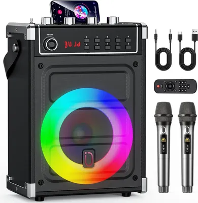 Obrázok produktu pre Karaoke zariadenie – Prenosný reproduktor – Zábavná hudba – S 2 mikrofónmi – Basový reproduktor 5,25 palca – Čierna farba