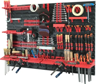 Produktbild von 68 tlg. Werkzeugwand Set 1152 x 780 mm Werkzeughalterungen Stapelboxen Lochwand Wandregal Werkstattordnung