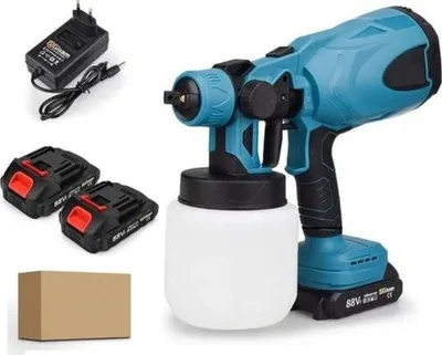 Produktbild von Gisam Farbspritzpistole – Elektrisches Farbsprühgerät – Akku-Farbspritzgerät – Inklusive 2 Akkus – 30 cm Sprühdistanz – 800 ml Inhalt