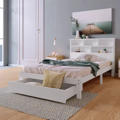 Produktbild von Flieks Massivholzbett Einzelbett 90x200cm Kinderbett mit Schublade und Lattenrost Holzbett mit Bücherregal Kopfteil, Jugendbett weiß ohne Matratze