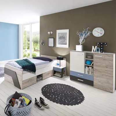 Produktbild von Jugendzimmer Set mit Kommode 3-teilig LEEDS-10 in Sandeiche Nb. mit weiß, Lava und Denim Blau
