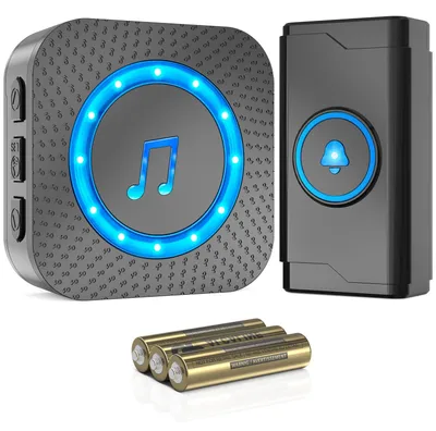 Productafbeelding van SURFOU Funkdeurbel, draadloos, batterijbediend, bereik 400 meter, geschikt voor buitengebruik, waterdicht, voor de voordeur, met ontvanger, draadloze belontvanger met LED-indicatoren, 5 volume standen, 55 melodieën (zwart)