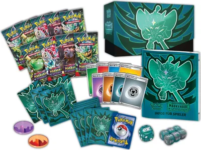 A collection of Pokémon trading card game items, including booster packs, a storage box, card sleeves, dice, and tokens, arranged on a white background.