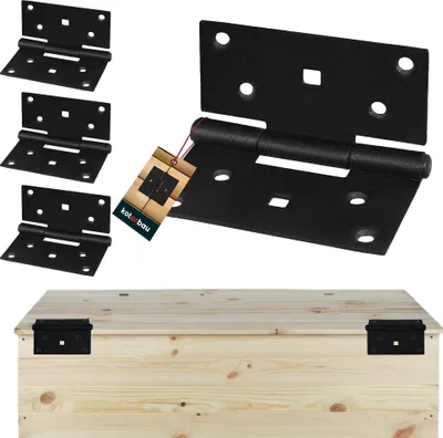 A set of black metal hinges displayed with one hinge prominently featured and three others arranged to the side, along with a sample of the product attached to a wooden chest.