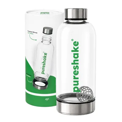 Produktbild von pureshake® GLASSHAKER mit EDELSTAHL-DECKELN | 100% Glas und Edelstahl | 0% Kunststoff | 650ml | Proteinshaker aus Glas mit Mixingball