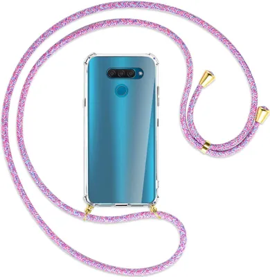 Produktbild von Handykette Backcover-Schutzhülle mit Band (Metall goldfarben) für LG Q60 - lila/rosa/blau