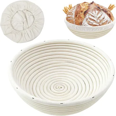 Imagen del producto de Cesta de ratán redonda, con forro de lino, de 20 cm de diámetro, ideal para la fermentación de masa de pan