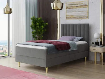 Produktbild von Boxspringbett Gold Mini mit Bettkasten, Bonell-Matratze und Topper - Einzelbett mit Matratzentopper, Polsterbett, Bett, Schlafzimmer, Jugendzimmer, Velours Stoff (Grau (Manila 16), 100 x 200 cm)
