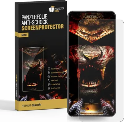 A product packaging box for a screen protector, with a smartphone displaying a graphic next to it.
