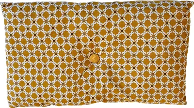 A close-up, front-facing view of a yellow cushion with a geometric pattern and a button in the center.