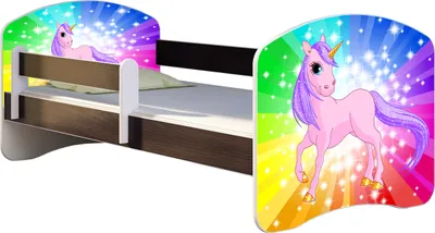 Produktbild von ACMA Jugendbett Kinderbett Junior-Bett Komplett-Set mit Matratze Lattenrost und Rausfallschutz Wenge 18 Pony Regenbogen 180x80