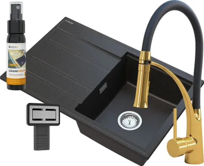 Produktbild von Granitan | Granitspüle TIMOR - Schwarz mit goldenen Sprenkeln - Einbau mit Abtropffläche - Funktional und stilvoll