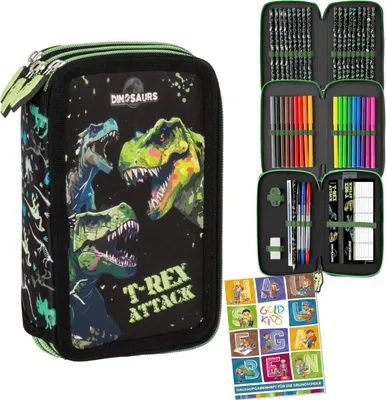 Produktbild von Goldkids - Federmäppchen 3 Fächer - Mäppchen für Mädchen und Jungen - Federmappe 3-Fach Federtasche Gefüllte Schüleretui Schulmäppchen - Dinosaurier