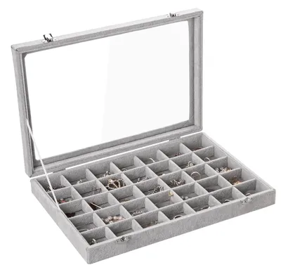 Obrázek produktu pro Omgoods - Sametový organizér na šperky - Úložný box s 35 přihrádkami a víkem, rozměry 35 x 22 cm