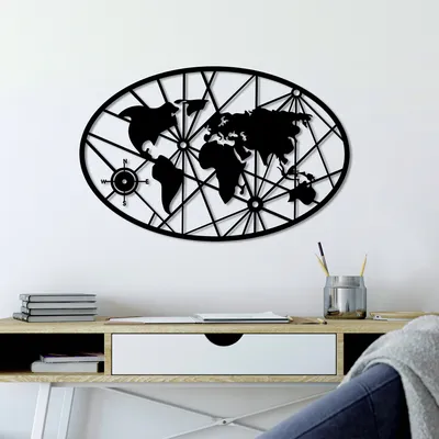 Image de Wallity, World Map 8-M v2, Accessoire mural décoratif en métal, 100 % METAL, noir, 50 x 77 cm