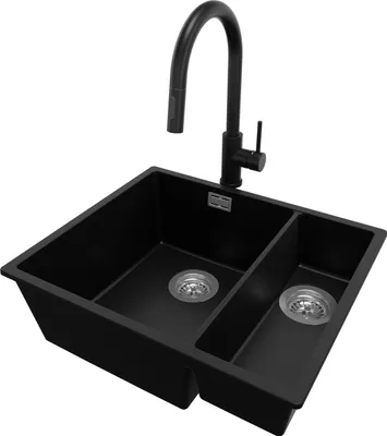Produktbild von PRIMAGRAN Unterbauspüle Granit Schwarz 56x47cm, Spülbecken 1,5 Becken + Küchenarmatur 40x20cm + Ablauf-Set, Granitspüle ab 60er Unterschrank - London Duo