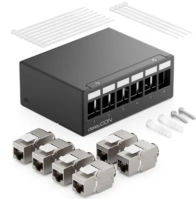 Produktbild von deleyCON 6 Port Patchpanel Set Patchfeld Verteilerfeld 1HE + 6x RJ45 Keystone Jack Modul STP CAT6a Kompatibel mit Verlegekabel CAT5 CAT6 CAT6a CAT7 Netzwerkkabel Ethernet LAN DSL - Schwarz