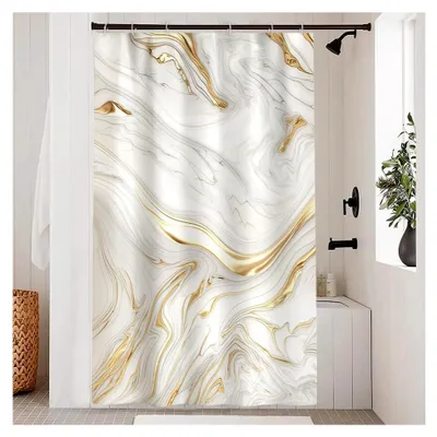 Produktbild von Duschvorhang 120x200cm, Anti-Schimmel Duschvorhang in Weiß mit Gold Marmor Optik, Grau Marmoriert, Abstrakt, Waschbar, Wasserdicht, Polyester, mit 8 Haken für das Badezimmer