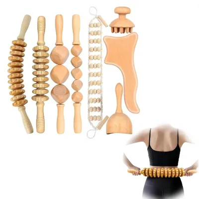 Obrázok produktu pre Masážny nástroj z dreva – 8-dielna sada – manuálna masáž – nástroje Gua Sha – masážna valec s lanom – nástroj na tvarovanie tela
