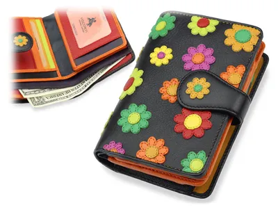 Immagine prodotto di Portafoglio da donna in pelle Visconti, modello Daisy, con protezione RFID, colore nero, dimensioni 13,5 x 9,5 cm