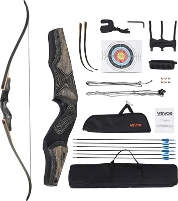 Produktbild von VEVOR Recurvebogen & Pfeile Set (1524 mm) Takedown-Bögen aus Holz, Rechtshänder ergonomisches Recurvebogen-Paket, Langbogen für Zieltraining im Freien, Anfänger bis Fortgeschrittene, 15,88 kg