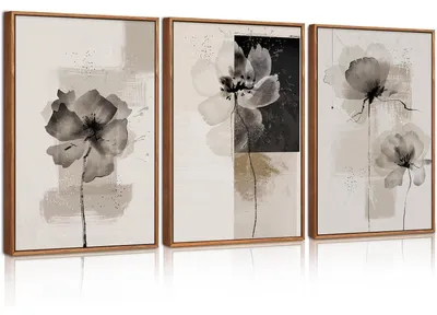 Image de Ensemble de 3 tableaux abstraits floraux encadrés, dimensions 30x40 cm, couleur noire