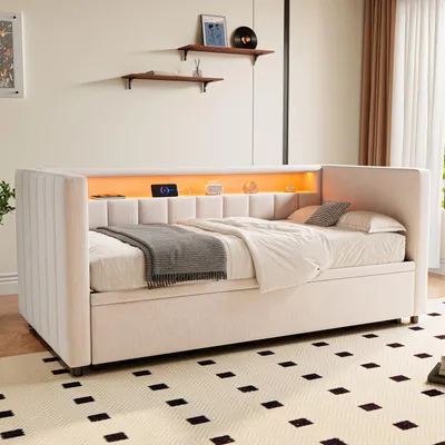 Image de OKWISH Lit Gigogne 90x190 cm - Convertible avec Rangement et USB-C, Éclairage LED, Velours, Sans Matelas - Beige
