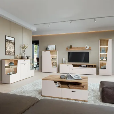 Produktbild von Wohnzimmer-Set in Kaschmir & Eiche mit Couchtisch & Sideboard, 6-teilig - CARMONA-129