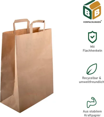 Produktbild von 3000 Papiertragetaschen 180 + 80 x 220 mm braun stabile 70 g/m² Grammatur Papiertüten Geschenktüten BB-Verpackungen