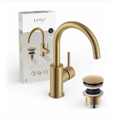 Produktbild von Lenz MOANA Waschtischarmatur Gold, Einhebelmischer mit 360° Schwenkauslauf, Wasserspar-Mischdüse, Pop-Up-Ventil, Hochdruck, 46012341