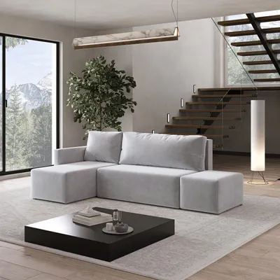 Produktbild von Masseno Ecksofa VELOTTI L-S mit Schlaffunktion L-Form, Sofa mit Bettkasten, Wohnzimmersofa, Couch, Soffa, Bettsofa, Couchgarnitur- Hellgrau, PAROS 05