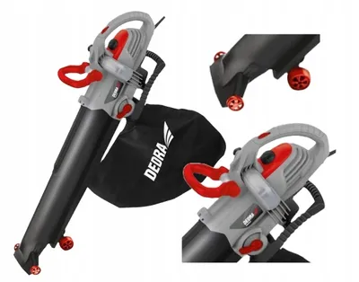A collage of images showing a leaf blower with a collection bag, with close-up views of its features.
