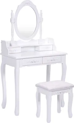 Produktbild von COSTWAY Schminktisch Frisiertisch Frisierkommode Kosmetiktisch Schminkkommode mit schwenkbarem Spiegel und 4 Schubladen inkl. Hocker weiss