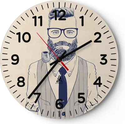 Produktbild von Wanduhr - Rund - Glasuhr - Mann Pfeife - 40x40cm - Schleichendes Uhrwerk - Lautlos - zum Aufhängen bereit - Dekoration Modern - Wanddekoration aus Glas - C4AR40x40-3813