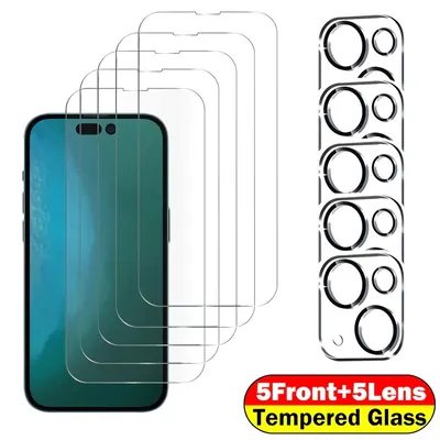 Zdjęcie produktu dla Ochraniacz ekranu iPhone 11 12 13 14 Mini Pro Max + szkło ochronne aparatu 9H, Do telefonu komórkowego: Apple iPhone 15 Plus, Ilość: 5 x szkło + 5 x aparat