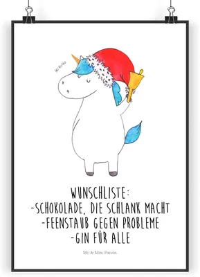 Produktbild von Mr. & Mrs. Panda Poster Einhorn Weihnachtsmann DIN A5 - Weiß - Geschenk, wanddeko, Weihnachten, Nikolaus, kunstdruck, Unicorn, Bild, Wandbild, Schokolade, drucke, Gin