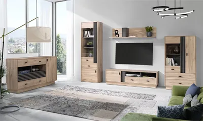 Produktbild von Wohnzimmermöbel-Set mit 2 Vitrinen, Sideboard & Lowboard in Eiche Nb., modern 5-teilig ANTIGUA-133