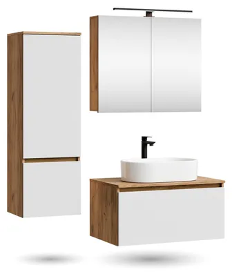 Produktbild von ARISA Badmöbel Set inkl. Hochschrank in Weiß - Mit Spiegelschrank "ARIA" und weißem Keramik-Aufsatzwaschbecken 55 cm