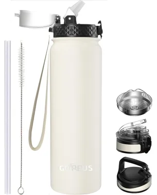 Produktbild von Thermosflasche 1L Edelstahl mit Strohhalm Doppelschicht Isolierflasche Auslaufsicher Beige
