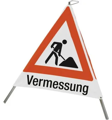 Produktbild von Faltsignal mit Symbol Baustelle und Text "Vermessung", 900 mm Seitenlänge